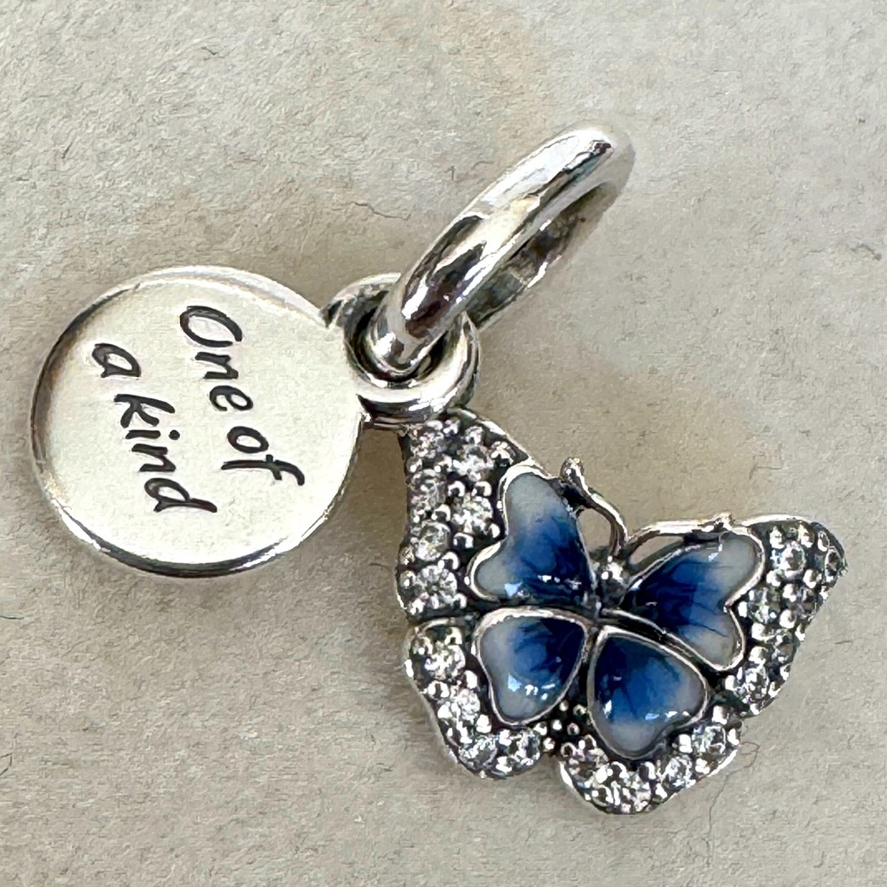 Pandora Silver Butterfly Charm with Blue Enamel and Clear Stones